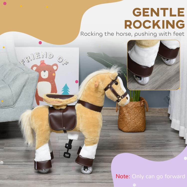 Light brown plush rocking horse with dark saddle and visible rolling wheels