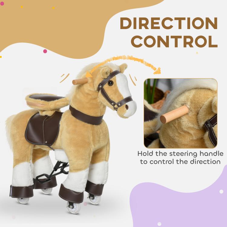 Light brown plush ride-on horse with wooden steering handle, reins, and four rolling wheels