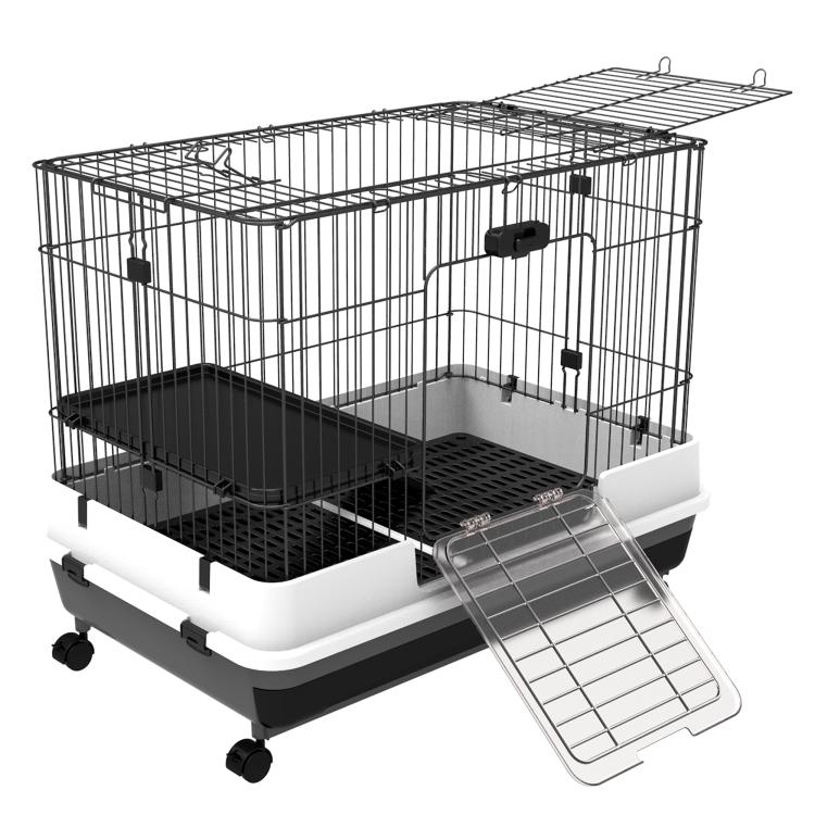 Two-tier wire rabbit hutch with white base, extended ramp, black platform and tray