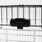 Black wire cage door latch with lock for two-level enclosure, close-up