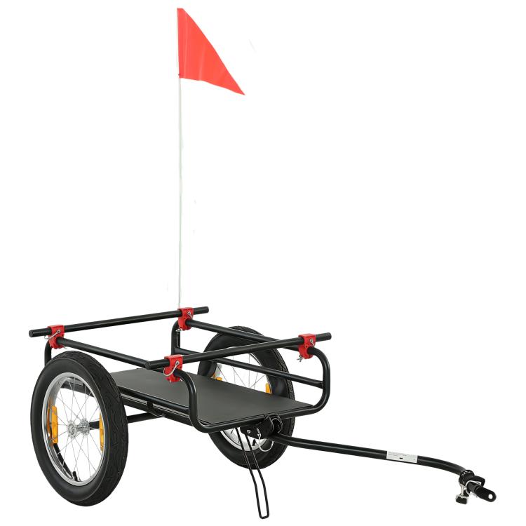 2-in-1 bike cargo trailer with black frame, black seat, and red corner mounts