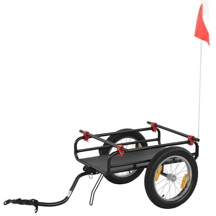 Bike cargo trailer and wagon cart with black body, red brackets, and rear kickstand