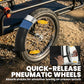 Pneumatic front wheel with shock-absorbing tire on black bike trailer frame
