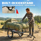 Bike cargo trailer with integrated kickstand and black bed, rolling on two wheels