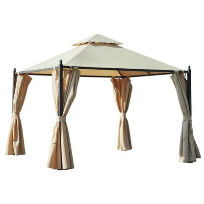 Outdoor patio gazebo with cream two-tier canopy and beige privacy curtains, open sides
