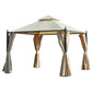 Outdoor patio gazebo with beige curtains and cream double-roof canopy, front view