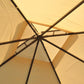 Beige outdoor gazebo canopy with steel frame, two-tier roof panel detail