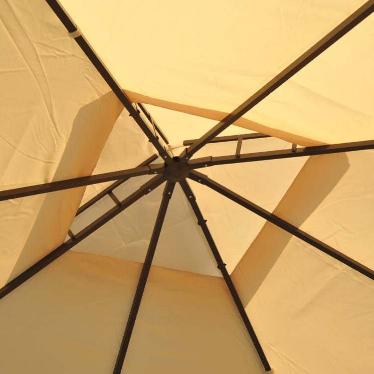 Beige outdoor gazebo canopy with steel frame, two-tier roof panel detail