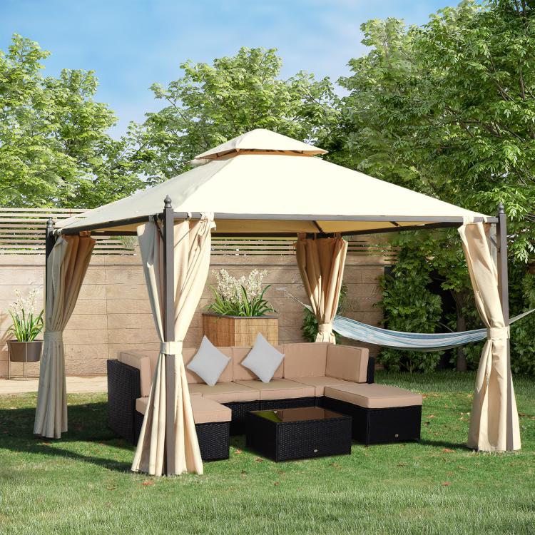 Outdoor patio gazebo with cream canopy and beige curtains, covering outdoor seating