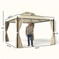 Outdoor patio gazebo with cream double-tier roof and beige privacy curtains, person scale