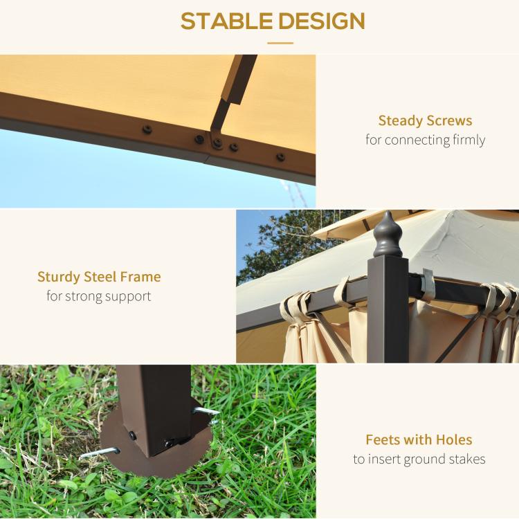 Steel-framed outdoor gazebo with cream two-tier roof and beige curtained sides, grounded feet