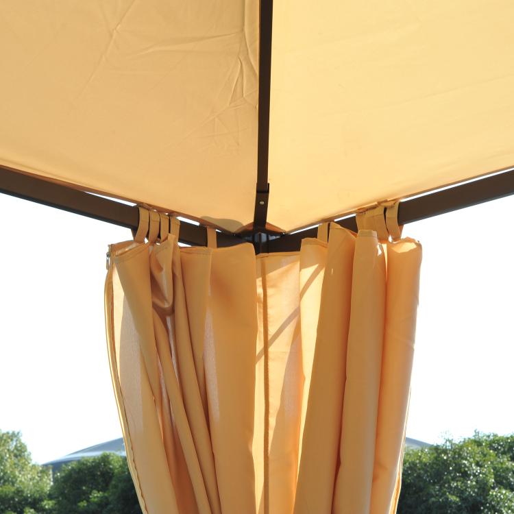 Beige privacy curtain panels attached to gazebo frame beneath cream canopy
