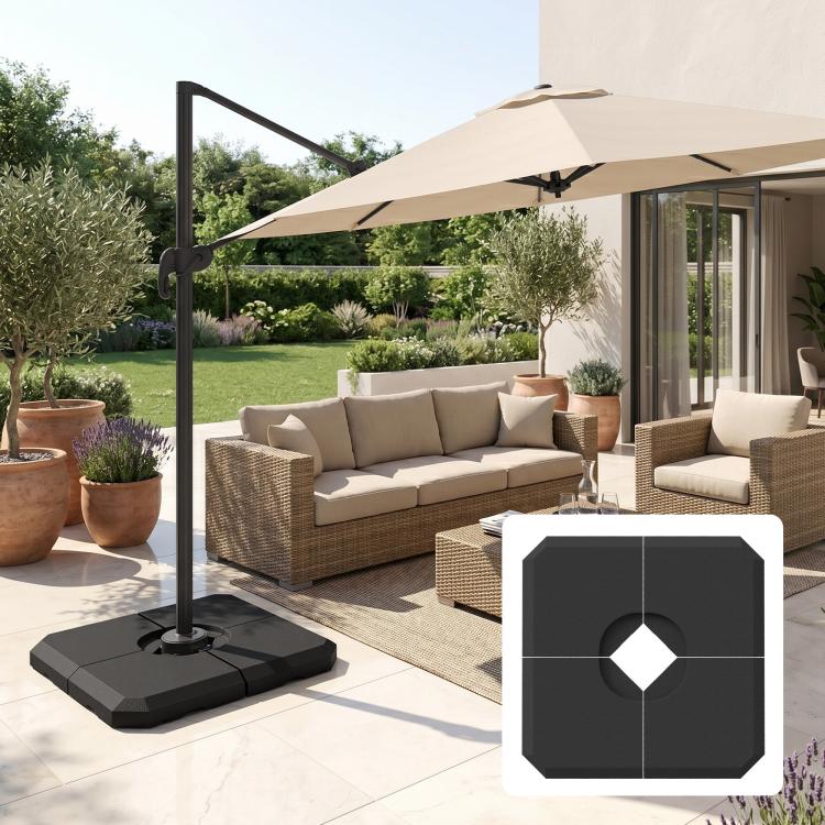 Dark umbrella stand base weight on patio with central opening for cantilever pole