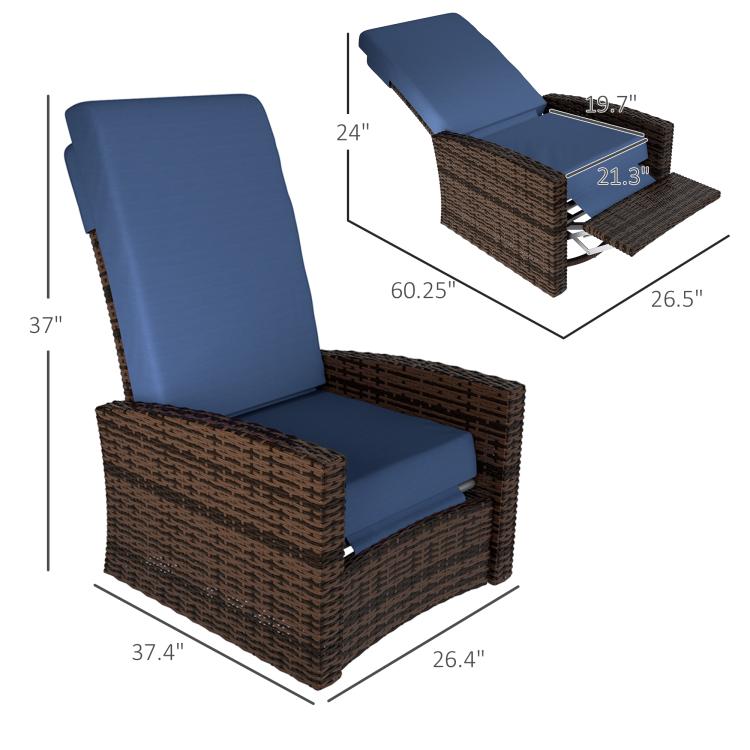 Outdoor wicker swivel recliner chair, dark brown frame with dark blue cushions, side view
