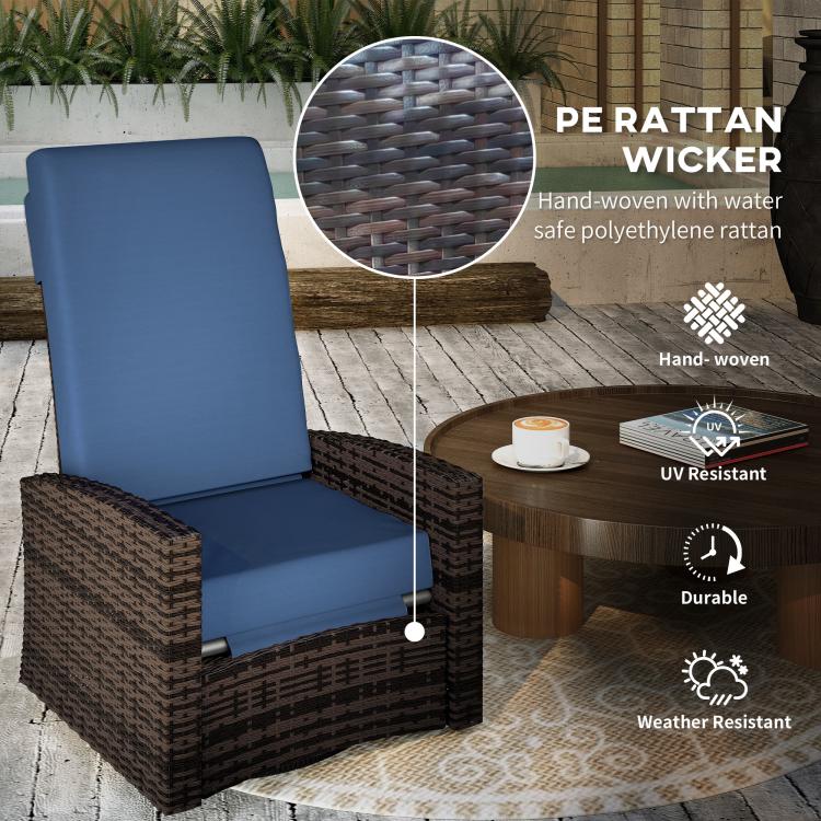 Outdoor wicker swivel recliner chair with dark brown hand-woven look and dark blue cushions
