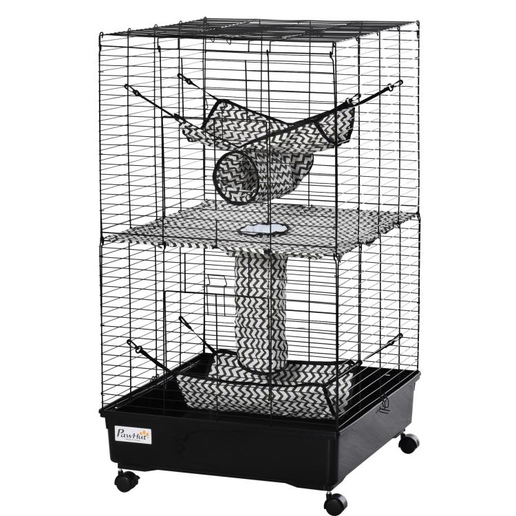 Black metal ferret cage with hanging hammock, central woven tunnel, and multi-level platforms