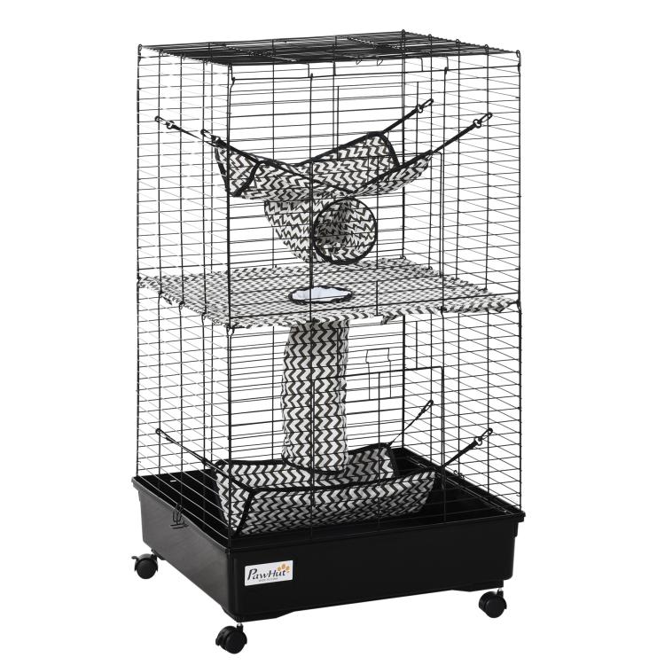 Small animal metal cage with woven hammock, tunnels, and black base with wheels