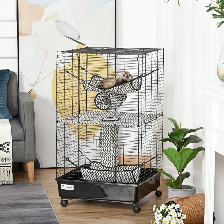 Black wire ferret cage with hanging hammock, woven perch tunnel, and wheeled base