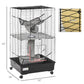 Black wire ferret cage on wheels with hanging hammock and multi-level interior platforms