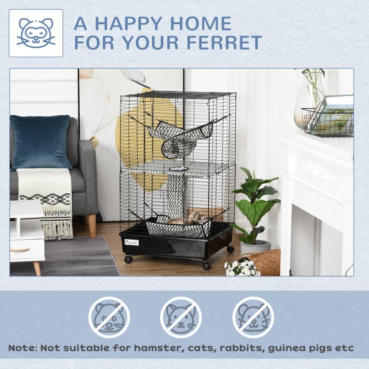 Black metal ferret cage with hanging hammock, woven tunnel tower, and multi-level wire shelves