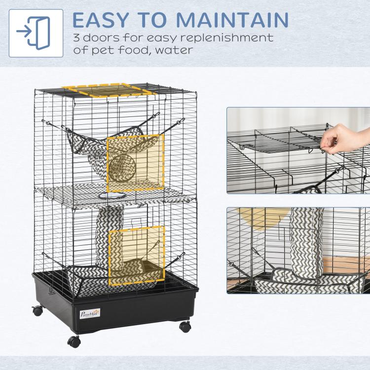 Black metal ferret cage with three doors, hanging hammock, and woven tunnel play area