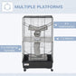 Black wire ferret cage with two hammocks, hanging tunnels, and upper hanging perch