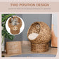 Light brown woven cat dome bed showing two positioning angles with cushion