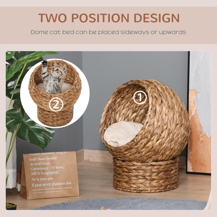Light brown woven cat dome bed showing two positioning angles with cushion