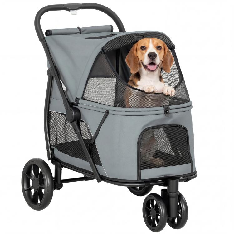 Gray 3-wheel pet stroller with mesh windows, padded cushion, and front handle bar
