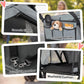 3-wheel gray pet stroller with mesh window, zipper, storage pockets, washable cushion