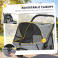 Gray pet stroller canopy close-up with adjustable fabric panel and stitched trim