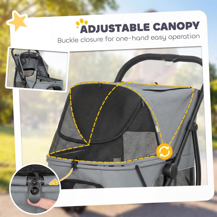 Gray pet stroller canopy close-up with adjustable fabric panel and stitched trim