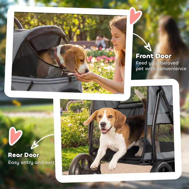 Gray pet stroller with front and rear door openings for easy pet entry