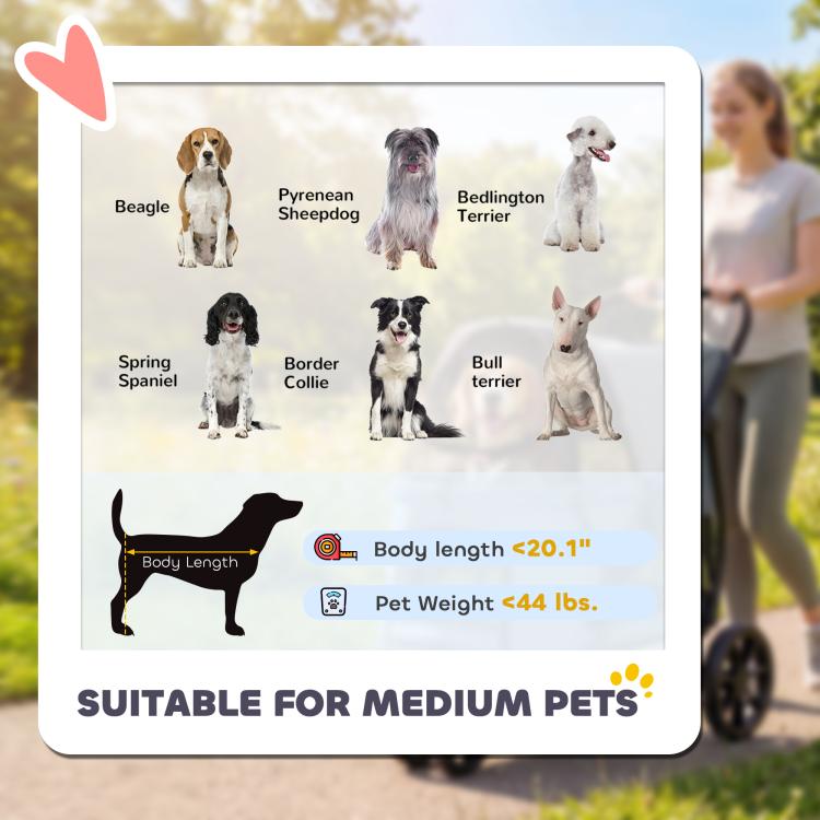 Gray pet stroller for medium pets, showing size chart card with PawHut branding