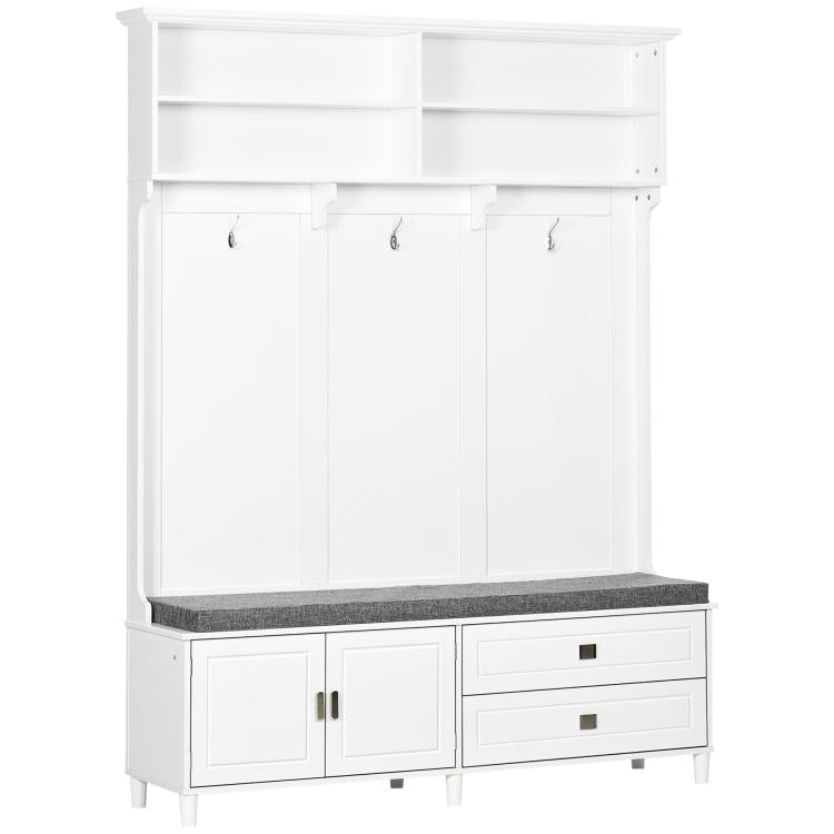 White hall tree cabinet with storage bench and coat hooks above doors and drawers