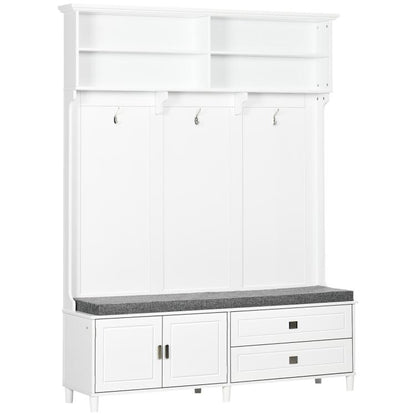 White hall tree cabinet with storage bench and coat hooks above doors and drawers