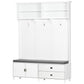 White entryway bench with coat hooks, cabinet doors, and two drawer storage sections