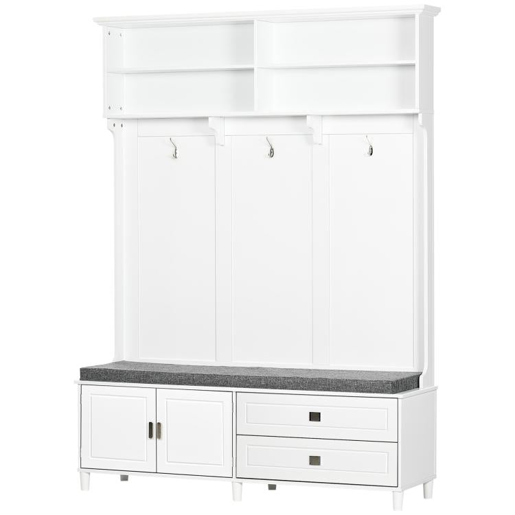 White entryway bench with coat hooks, cabinet doors, and two drawer storage sections