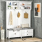 White hall tree with coat rack, shelves, and dark cushioned storage bench for entryway