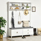 White hall tree cabinet with coat hooks, open cubbies, and storage bench with drawers