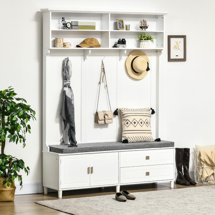White hall tree cabinet with coat hooks, open cubbies, and storage bench with drawers