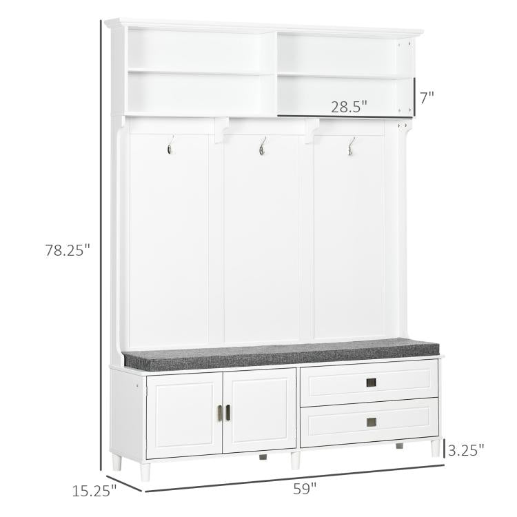 White hall tree storage bench with coat hooks and cabinet doors plus two bottom drawers