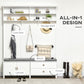White hall tree with coat hooks, storage shelves, and dark cushioned bench with drawers