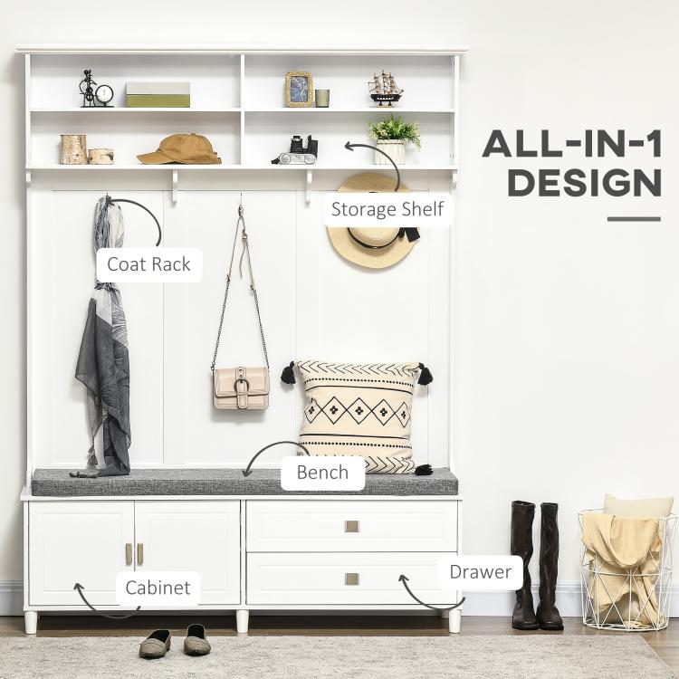 White hall tree with coat hooks, storage shelves, and dark cushioned bench with drawers