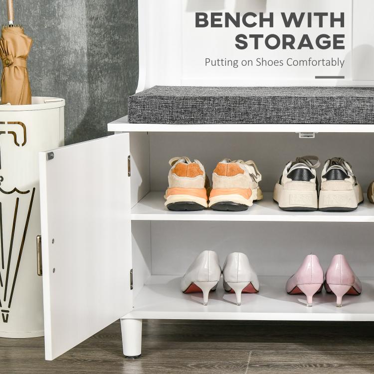 White storage bench with open shoe shelves for shoes and accessories