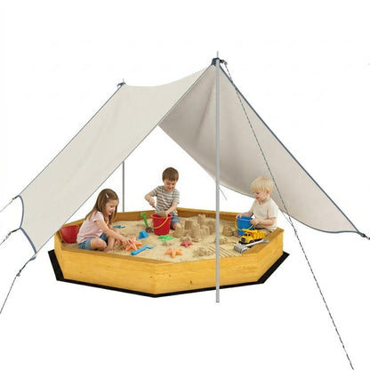 Yellow wooden octagon sandbox with beige canopy, four bench seats, steel support poles.