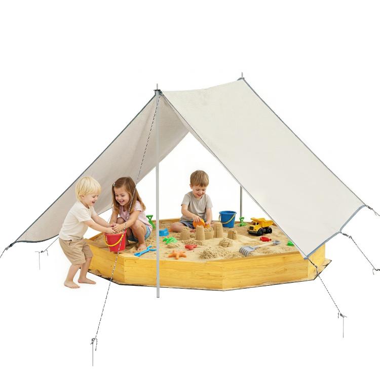 Yellow wooden sandbox with beige canopy panels and four corner posts; octagon play basin.