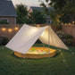 Yellow wooden sandbox with white canopy, support poles, and string lights