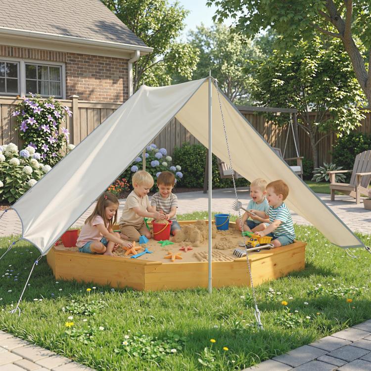 Yellow octagon wooden sandbox with beige canopy and four bench seats.