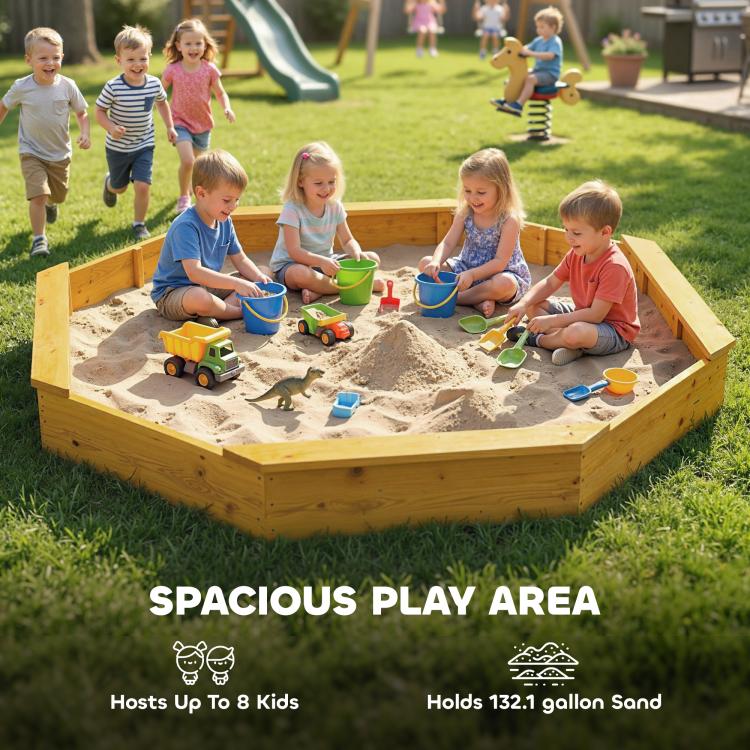 Yellow wooden sandbox with open sand bed and four bench seats; children playing.